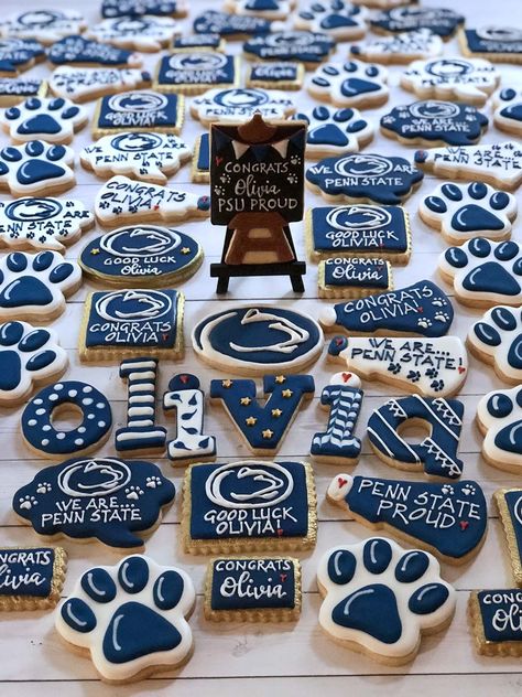 Penn State Graduation Cookies College Signing Day Cookies, Penn State Cake Graduation, Penn State Cookies Decorated, Penn State Acceptance Letter, Penn State Decorations, Penn State Tailgate Ideas, Penn State Birthday Party, Penn State Party Ideas, College Cookies Decorated