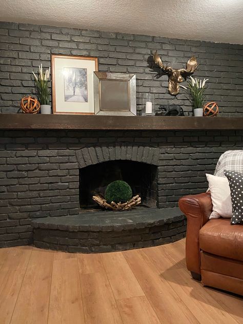 Matte Black Brick Fireplace, Iron Ore Painted Brick Fireplace, Iron Ore Painted Fireplace, Dark Gray Fireplace Brick, Iron Ore Fireplace, Black Fireplaces, Brick Fireplace Remodel, Black Mantle Fireplace, Black Tile Fireplace