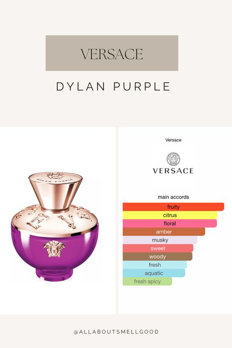 Dylan Purple is a bright, modern, and elegant fruity-floral scent for her from Versace that blends juicy citrus notes with fragrant freesia and smooth woods. It’s stylish and sexy. Versace Purple Perfume, Versace Dylan Purple, Versace Perfume Woman, Perfume Versace Mujer, Perfumes For Teens, Dylan Purple, Versace Parfum, Purple Perfume, Perfume Layering