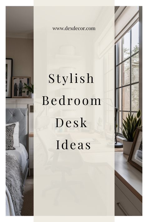 Stylish bedroom with a desk, large window, and decor for inspiration. Work Table Bedroom Ideas, Where To Put Desk In Bedroom, Desk Beside Bed Ideas, Apartment Desk Aesthetic, Home Desk Ideas Small Space, Minimal Desk Ideas, Bedroom Inspirations With Desk, Chic Desk Setup, Bedroom Desk Setup Ideas