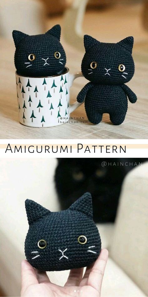 Black Cat Crochet Pattern, Black Cat Crochet, Crochet Steps, Kat Haken, Cat Crochet Pattern, Cat Crochet, Crochet Geek, Crochet Cat Pattern, Basket Pattern