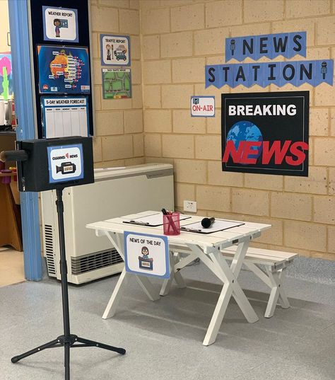 News Station Desk, News Board Classroom, Diy News Camera Prop, Camera Study Preschool, News Dramatic Play, Weather Station Dramatic Play, News Station Dramatic Play, Community Helper Dramatic Play, Tv News Studio Set Design