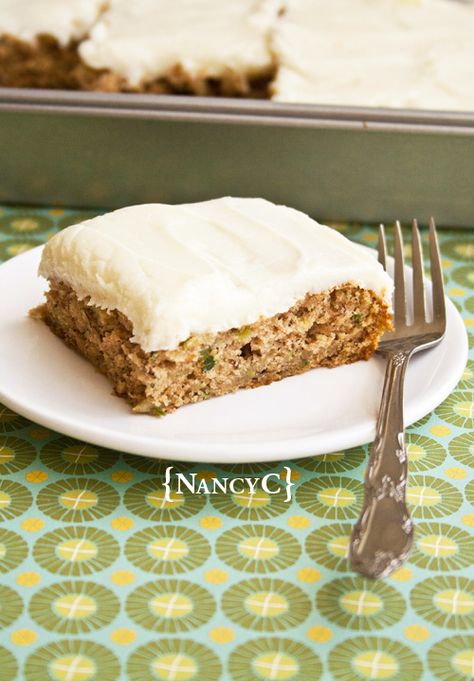 Zucchini-Banana Bars | NancyC Banana Bars Recipe, Banana Bread Bars, Bars With Cream Cheese Frosting, Bars With Cream Cheese, Zucchini Banana, Zucchini Banana Bread, Square Cookies, Banana Bars, Shredded Zucchini