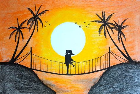 Scenery Drawing With Oil Pastels, Sunset Scenery Drawing, Drawing With Oil Pastels, Easy Scenery, Paint Landscape, Sunset Scenery, Oil Pastel Colours, Scenery Drawing, Drawing Love