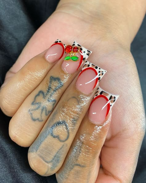 Cherry Inspo Nails, Cherry Duck Nails, Cheetah Print Cherry Nails, Cheetah Print Red Nails, Cheetah Duck Nails, Cheetah Print Nails With Cherry, Cheetah And Cherry Nails, Cheetah Print Duck Nails, Cherry Cheetah Nails