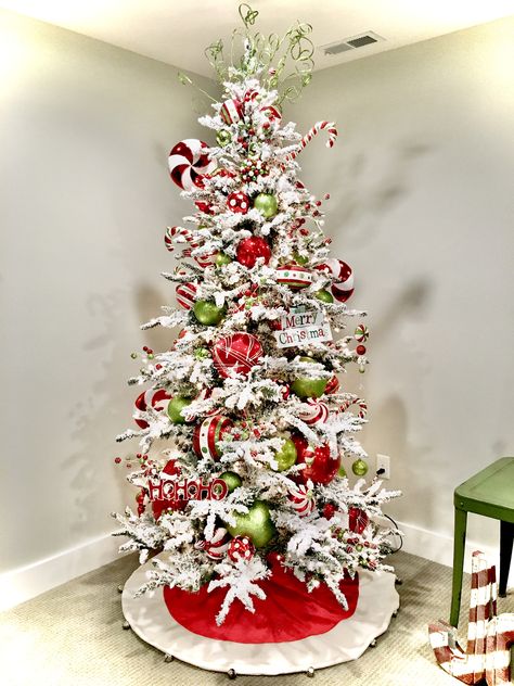 Red Green Flocked Christmas Tree, Red White And Lime Green Christmas Tree, Bright Red And Green Christmas Decor, Red And Lime Green Christmas Tree, Red And Green Flocked Christmas Tree, Red White And Green Christmas Tree, Green Christmas Tree Decor, White And Green Christmas Tree, Green And Gold Christmas Decor