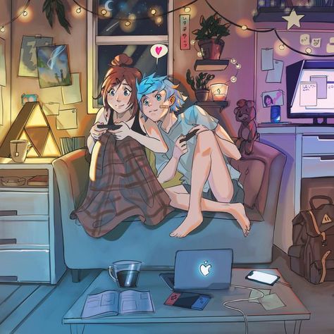 I like to draw cozy environments. - Album on Imgur Playing Games Drawing Reference, Playing Video Game Poses Drawing, Couples Playing Video Games, Video Game Drawings, Anime Play, Gamer Couple, Dontnod Entertainment, Cozy Gaming, Couples Play