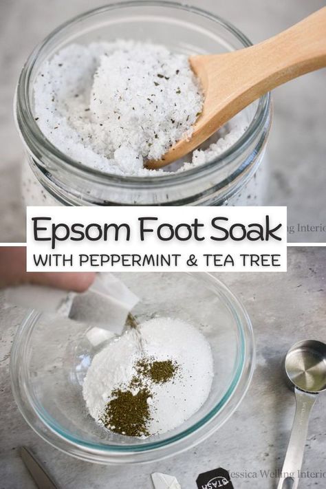 DIY Homemade Epsom Salt Foot Soak Epsom Salt Foot Soak Recipes, Epsom Salt Scrub Diy, Epsom Salt Lotion Diy, Homemade Epsom Salt, Epsom Salt Scrub Recipe, Epsom Salt And Baking Soda Bath Benefits, Diy Foot Scrub Recipes, Detox Foot Soak, Diy Salt Scrub Recipe