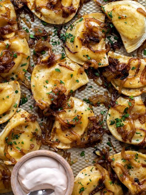 Sheet Pan Pierogies with Caramelized Onions and Chipotle Sour Cream Sheet Pan Pierogies, Pierogies Recipe, Chipotle Sour Cream, Frozen Pierogies, Pierogi Recipe, Sweet Onions, Savory Bites, Sheet Pan Suppers, Meals Ideas