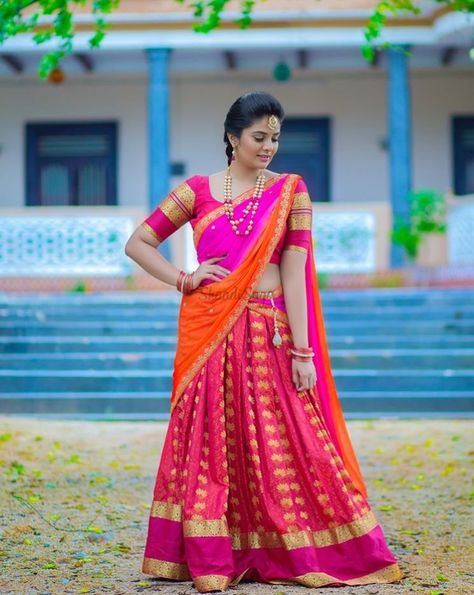 23 Elegant Saree Lehenga Designs For The South Indian Brides! | ShaadiSaga Langa Voni Poses, Saree Lehenga Designs, South Indian Half Saree, Lehenga Shoot, Celebrity Accessories, Indian Half Saree, Lehenga Poses, Pink Half Sarees, Saree Function