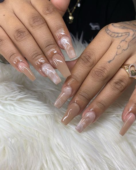 Vanessa 🦋 Licensed Nail Tech | Light Brown Set With Marble Design 🧸🤍 • • • • • • • • • • • • • • #marblenails #cocoacolor #nailhauseacrylic #coffinnailshape #brownnails #… | Instagram Marble Design, Nail Tech, Light Brown, Marble, Nails, Instagram, Design