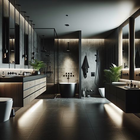 A sleek bachelor's master bath exuding dark-lit elegance with matte black, dark wood finishes, touchless technology, and a standalone tub. Rich with indoor greenery, it's an urban oasis. #ModernBathroom #BachelorPad #InteriorDesign #BathroomRenovation #LuxuryBathrooms #HomeTech Cool Showers Dark, Men’s Dark Bathroom Ideas, Dark Aesthetic Bathroom Luxury, Standalone Tub, Black Spa Tub, Master Ensuite Bathroom Moody, Indoor Greenery, Stand Alone Tub, Dark Modern