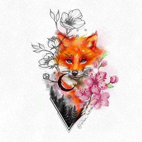 Fox Tattoo Colorful, Fox Rose Tattoo, Fox Tattoo Shoulder, Fox And Rose Tattoo, Fox Floral Tattoo, Fox Tattoo Color, Fox Tattoos For Women, Fox Tatoos, Fox Tattoo Ideas