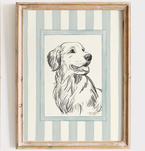 And a little golden retriever sketch too ✍🏻 Drawing Of Golden Retriever, Wall With Thermostat Decor, Grandmillenial Art Prints, Small Bedroom Wall Art, Golden Retriever Nursery Ideas, Golden Retriever Print, Dog Bathroom Art, Golden Retriever Nursery Theme, Dog Art Ideas