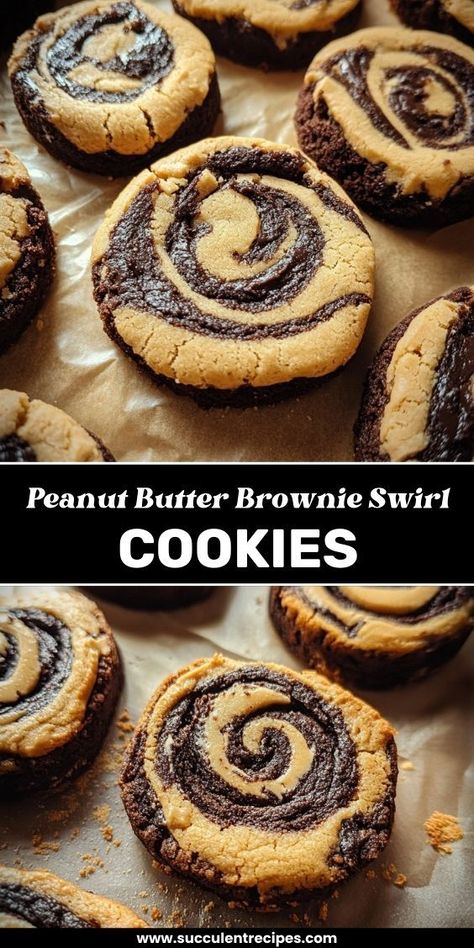 Get the best of both worlds with these Ultimate Peanut Butter Brownie Swirl Cookies! Fudgy brownie batter swirled with creamy peanut butter for a deliciously indulgent treat. Brownie Reese Cups Dessert Recipes, Peanut Butter And Bacon Cookies, Chocolate Peanut Butter Brookies, Peanut Butter Cookie Brownie Bars, Preppy Kitchen Peanut Butter Cookies, Peanutbutter Brownie Swirl Cookies, Peanut Butter Brownie Swirl Cookie, Peanut Butter And Chocolate Swirl Cookies, Christmas Cookie Peanut Butter