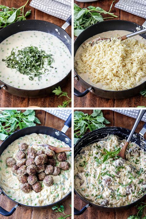 Mozzarella Cream Sauce, Orzo Basil, Meatballs And Orzo, Meatballs Orzo, Basil Cream Sauce, Juicy Meatballs, Parmesan Meatballs, Cream Sauce Recipes, Food Pasta