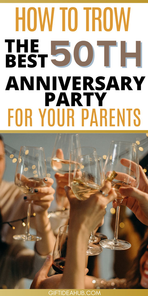 Discover some of the best 50th wedding anniversary party ideas for your parents - plan the perfect party with these ideas and tips! 50 Anniversary Party Ideas For Parents, Cheap 50th Anniversary Party Ideas, Fiftieth Anniversary Party Ideas, 50th Anniversary Sign In Ideas, Open House Anniversary Party, 5oth Anniversary Party Ideas, Parent Anniversary Party Ideas, Anniversary Party Planning Checklist, Simple Anniversary Party Ideas