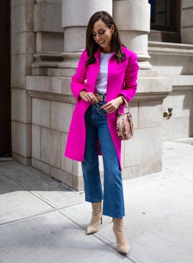 Sydne Style shows colorful outfit ideas in hot pink coat and jeans | Sydne Style Hot Pink Coat Outfit Winter, Hot Pink Coat Outfit, Pink Blouse Outfit, Pink Blouses Outfit, Navy Blue Pants Outfit, Hot Pink Coat, Purple Pants Outfit, Pink Coat Outfit, Colorful Outfit Ideas