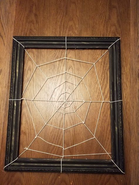 Spooky DIY Spider Web. — Erin Rochon Design Spider Web Frame Diy, Diy Spider Web, Spider Web Diy, Salvation Army Thrift Store, Spooky Spider Web, Diy Spider, Spooky Diy, Halloween Spider Decorations, Creepy Spider