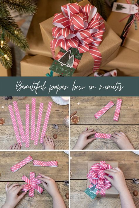 Diy Bow From Wrapping Paper, Paper Bows Diy, Diy Christmas Wrapping Paper, Bows For Presents, Diy Gift Bow, Wrapping Paper Bows, Christmas Gift Bow, Package Bows, Christmas Bows Diy