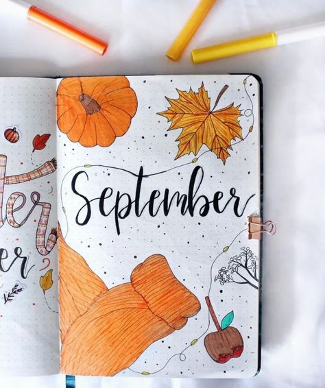 September bullet journal covers Fall Bujo Cover, September Planner Ideas, September Journal Cover, Bujo Cover Ideas, Fall Journal Ideas, September Bullet Journal Ideas, September Bullet Journal Cover, Fall Bujo, Fall Bullet Journal