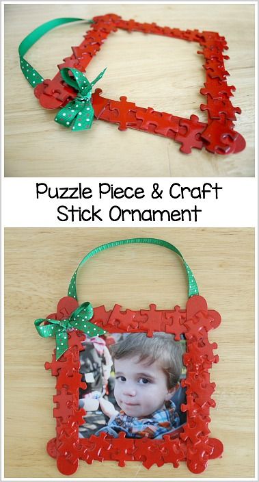 Puzzle Piece and Craft Stick Homemade Ornament Craft for Kids (Perfect for Toddlers, Preschoolers, and Kindergarteners!) ~ BuggyandBuddy.com Homemade Ornament, Puzzle Piece Crafts, Ornament Craft, Puzzle Crafts, Kids Christmas Ornaments, Homemade Ornaments, Navidad Diy, Preschool Christmas, Christmas Classroom