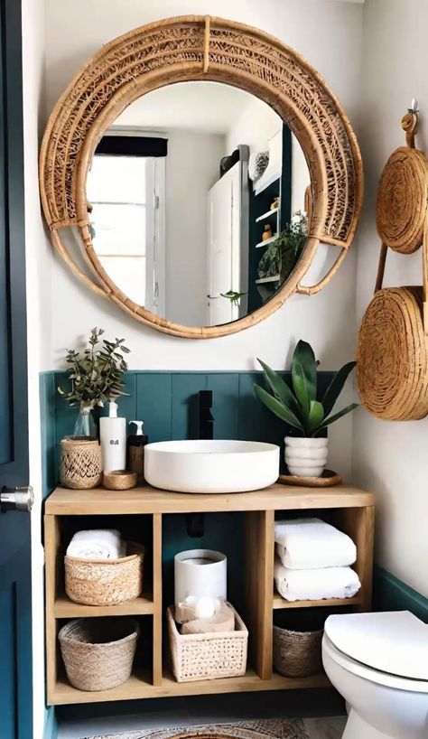 Small Bathroom Boho, Twins Bathroom, Rustic Boho Bathroom, Blue White Bathrooms, How To Start Painting, Bathroom Boho, Ideas Cuarto, Small Full Bathroom, Relaxing Bathroom