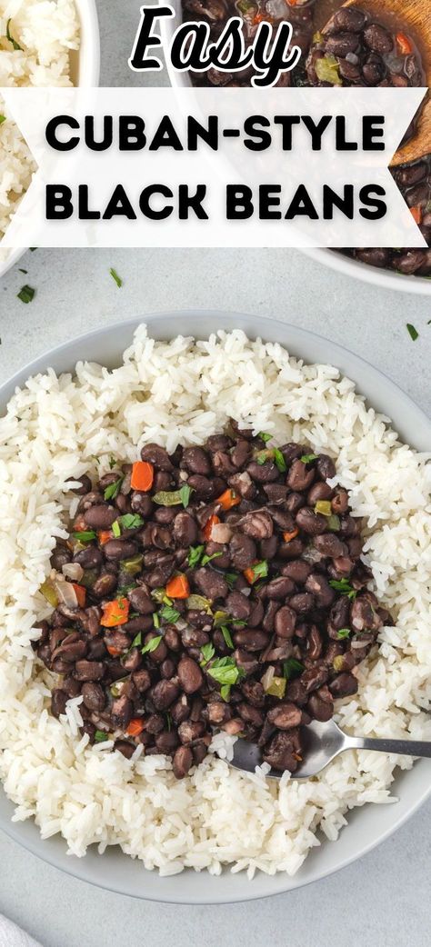 This Cuban-Style Black Beans recipe uses canned beans, so no soaking is needed! That means it can be on your table in under 30 minutes! It's made with tender black beans, onions, peppers, and some spices, making a flavorful and satisfying dish. Cuban Black Beans Canned, Cuban Beans Recipe, Canned Black Bean Recipes, Black Bean Recipes Easy, Cuban Black Beans Recipe, Cuban Rice And Beans, Black Beans And Rice Recipe, Pinto Beans And Rice, Black Beans Recipe