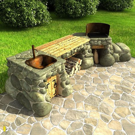 Outdoor Brick Kitchen, Brick Kitchen Ideas, Stone Barbecue, Barbecue Table, Pallet Patio Furniture Diy, Brick Oven Outdoor, Stone Bbq, Kids Backyard Playground, Barbecue Pit