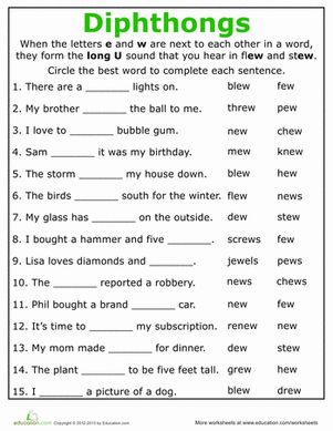 Second Grade Reading & Writing Worksheets: Practice Reading Vowel Diphthongs: ew Grade 3 Phonics Worksheets, Dipthongs Activities Free, Phonics Worksheets Grade 1, Reading Sentences, Vowel Diphthongs, 2nd Grade Reading Worksheets, 5th Grade Worksheets, Phonics Worksheets Free, Blends Worksheets