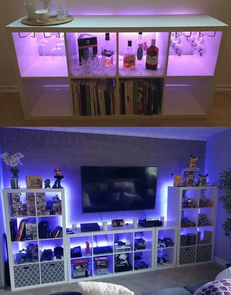 Gaming Room Setup Basement, Small Bedroom Game Room Ideas, Small Office Hangout Room Ideas, Kallax Game Room, Ikea Game Room, Kallax Gaming Setup, Small Games Room, Office Game Room Ideas, Gamer Basement Ideas