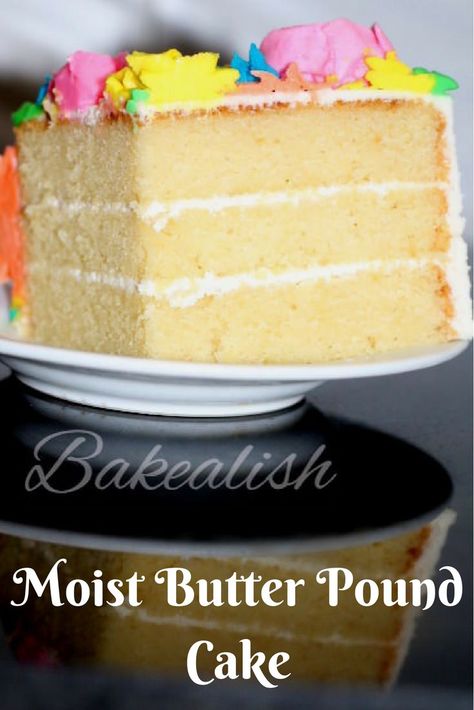 This Moist Butter Pound Cake stays true to its name. Simply buttery, rich and moist. This cake has a beautiful texture and taste. It can be served with any frosting or even served freshly baked. This is one recipe which every baker must have and every cake lover must try. Moist Butter Pound Cake, Pound Cake Layer Cake, Easy Fluffy Vanilla Cake Recipe, Butter Cake Recipe Moist, Vintage Cakes Birthday, Homemade Pound Cake Recipe, Fluffy Cake Recipe, Rich Butter Cake Recipe, Moist Butter Cake Recipe