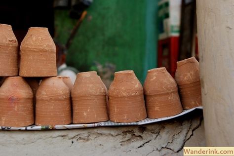 Matkas – mud cups – await their turns in kamikaze-order, minion-quart chai is served in them and discarded afterwards... 'The summer rains of Deeg' on Wanderink.com India Lost World Cup, Indian Coffee House Trivandrum, Kolkata Chai Co, Brass Lassi Cups India, India World Cup 2011, Kamikaze, Summer Rain, Turn Ons