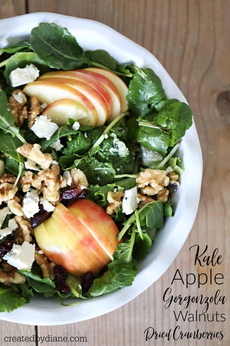 Kale apple gorgonzola salad createdbydiane.com Apple And Gorgonzola Salad, Gorgonzola Apple Salad, Apple Gorgonzola Salad Recipe, Walnut Gorgonzola Salad, Apple Gorgonzola Salad, Main Course Salads, Turkey And Cranberry, Creamy Balsamic Dressing, Gorgonzola Salad