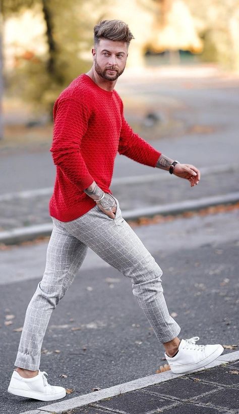 Perfect Grey plaid and red t-shirt outfit Red And Grey Outfits Men, Red Shirt Outfit Men Casual, Red Tshirt Outfit Mens, Red T Shirt Outfit Men, Red Shirt Outfit Men, Red T Shirt Outfit, Mens Posing, Red Tshirt Outfit, Red Shirt Outfits