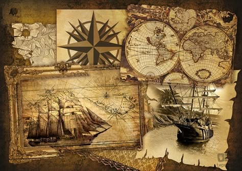 Vintage Pirate Illustration, Literature Posters, Ship Travel, Illustration Journal, Navi A Vela, Map Canvas Art, World Map Canvas, Map Wallpaper, Coffee Poster