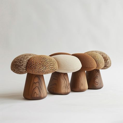 Mushroom -inspired benches 🍄✨ These bench designs tailor-made pieces feature upholstered cushions in rich, autumnal patterns and hues, bringing the cozy essence of fall into our home. The organic, wood-carved bases complement the textured fabric, making it a harmonious blend of nature and comfort Interesting Chairs, Natural Wood Bench, Chair Making, Kids Room Furniture, Wooden Stool, Bench Designs, Organic Wood, Low Stool, Fabric Making