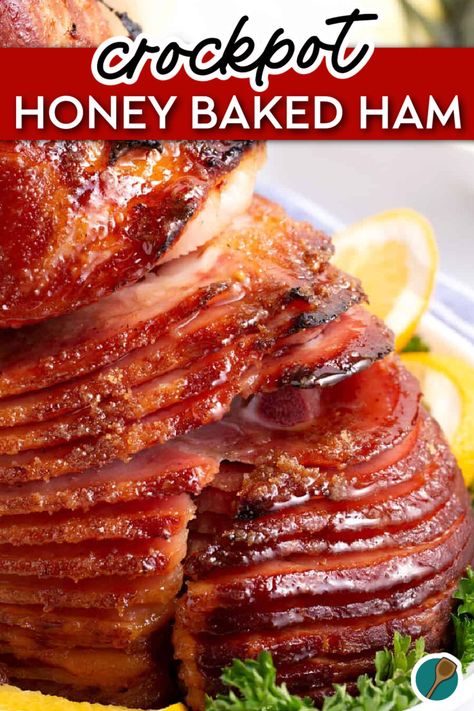 A close-up image of a honey glazed ham, showing caramelized edges and spiral-cut slices, perfect for a holiday meal made easily in the crockpot. Glazed Baked Ham, Baked Ham Recipe, Honey Baked Ham Recipe, Thanksgiving Ham, Ham Recipes Baked, Fancy Store, Ham Glaze Recipe, Honey Glazed Ham, Crockpot Ham