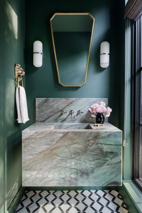 bathroom — Tiffany Skilling Interiors Deep Green Walls, Colorful Marble, Marble Counter, Green Walls, Marble Countertop, Dream Bathrooms, Green Bathroom, Stylish Bathroom, Mountain House