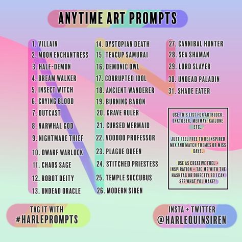 Been trying to juggle a lot with a bit of art block so I made this list for myself and figured some of you might like to use it! Hope this helps some of you, feel free to tag me directly with @harlequinsiren or use the hashtag #harleprompts so I can see what you make! ❤🧡💛💚💙💜🖤 #promptlist #artchallenge #artprompts #artpromptlist #huevember #inktober #kaijune #mermay #sketchtember #drawcember #artblock #artblockinspira Drawing Ideas Easy For Teens, 30 Day Art Challenge, Prompt Generator, Small Drawing, Art Style Challenge, Drawing Eye, Drawing Ideas List, Animal Rabbit, Drawing Prompts