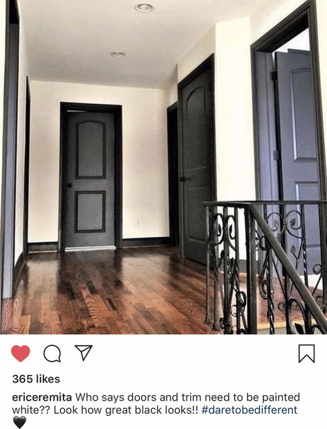 Grey Floors Black Trim, Black Stained Trim Interior, Dark Trim And Light Walls, Light Walls Black Trim, Black Trim Interior Living Rooms, Black Moldings And Trim, Interior Black Trim, Victorian Homestead, Black Baseboards