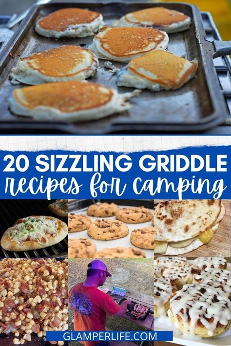 If you love camping, here are 20 reasons to make sure you pack a griddle on your next trip! We actually keep TWO different griddles in our RV - an electric griddle and a cast iron griddle that can go on the grill or over a campfire. Griddle recipes are easy and SO versatile! You can cook up delicious breakfasts, lunches, dinners and even dessert on your griddle top. Check out our post for some great recipe ideas! #camping #rvlife #glamperlife #rv #griddle #recipe Camping Dinners Grill, Best Blackstone Camping Recipes, Dinner On A Griddle, Easy Camping Meals On Griddle, Black Stone Griddle Recipes Camping, Tailgate Griddle Recipes, Flat Top Grill Recipes Camping, Blackstone Grill Recipes For Camping, Camping Food On Griddle