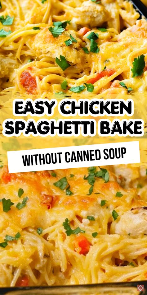 Enjoy a fresh take on comfort food with this chicken spaghetti bake recipe! Made without canned soup, it’s packed with creamy, cheesy flavors and wholesome ingredients. Perfect for a family-friendly dinner. Save this pin for inspiration or click to discover the recipe today! Chicken Spaghetti Soup, Canned Chicken Ideas, Spaghetti Recipes With Chicken, Recipes For Canned Chicken, Baked Chicken Spaghetti Casserole, Recipes Using Canned Chicken, Recipes With Canned Chicken, Easy Canned Chicken Recipes, Spaghetti Bake Recipe