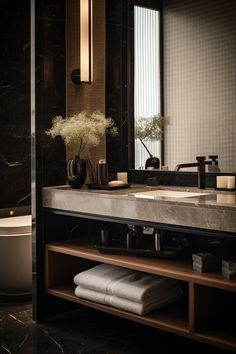 Classical Bathroom Design Luxury, Moody Luxury Bathroom, Masculine Bathrooms, High End Bathroom Design Luxury, Hotel Bathroom Design Luxury, Modern Masculine Bathroom, Hotel Washroom, Masculine Bathroom Design, Hotel Bathroom Vanity