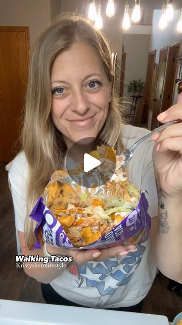 Kristy Hawk on Instagram: "Walking Tacos 🚶🏼‍♀️🌮
My daughter got a walking taco from the pool concession stand yesterday and it sounded good to me. I thought to myself ”I could make that…but better!” 🙌🏼 And I did! She just ate TWO of them and she’s my child that is picky and doesn’t eat much. She said mine were so much better. My lactose intolerant daughter ate hers with Fritos and. I sour cream or cheese and the rest are theirs with Nacho Cheese Doritos. Instead of buying small bags of chips, we bought a party size bag and they ate theirs in bowls. To keep mine low carb, I used a bag of 4g net carbs @questnutrition Quest Loaded Taco Chips. 😋

I used my homemade salsa for this recipe and homemade taco seasoning for the taco meat. Both of those recipes are found in my cookbooks and mea Walking Nachos Doritos, Nachos In A Bag, Taco Chips, Nacho Cheese Doritos, Quest Chips, Walking Taco, Doritos Nachos, Walking Tacos, Mexican Dish