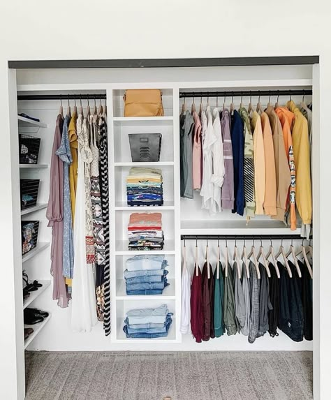 Sliding Door Closet Makeover Storage, Hotel Basement, Closet Redesign, Front Closet, Closet Redo, Closet Planning, Organized Closet, Bedroom Closet Storage, Closet Organization Ideas