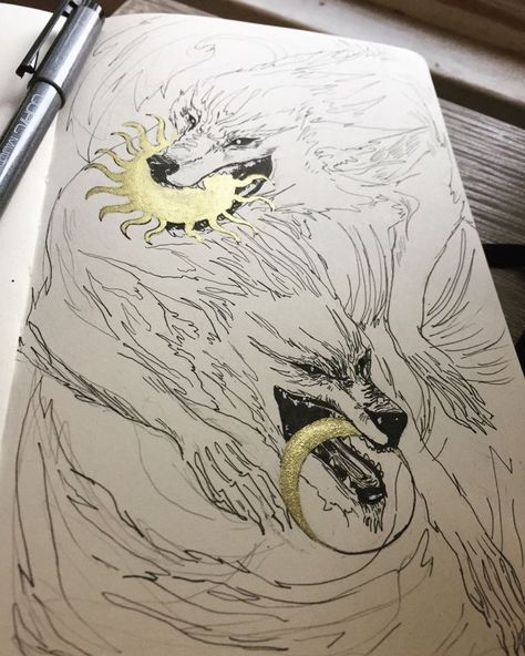 Skoll Hati, North Mythology, Skoll And Hati, Wolf Sketch, Z Tattoo, Sketch Ink, Norse Tattoo, Viking Art, Viking Runes