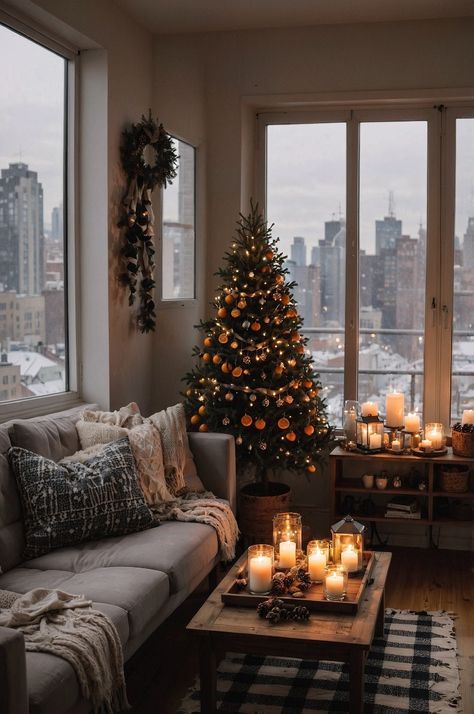 Christmas Bedroom Decor Ideas, Stylish Living Room Ideas, Apartment Christmas Decor, Many Candles, Christmas Living Room Decor Ideas, Cozy Scandinavian, Christmas Bedroom Decor, Christmas Living Room Decor, Potted Christmas Trees