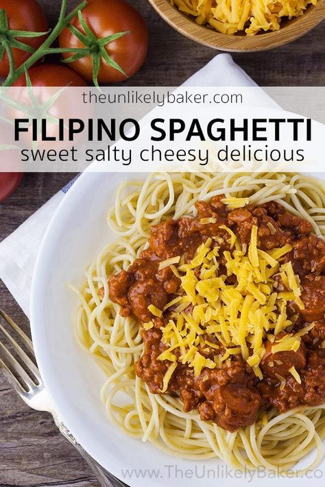 Filipino style spaghetti is unlike any spaghetti you’ve had before. It’s sweet, made with banana ketchup, topped with a mountain of sharp cheddar cheese and has hotdogs! #easyrecipe #FilipinoFood #spaghetti #pasta Sweet Spaghetti, Filipino Spaghetti Recipe, Filipino Style Spaghetti, Filipino Spaghetti, Easy Filipino Recipes, Cheesy Pasta Recipes, Filipino Style, Slow Cooker Pasta, Healthy Pasta Recipes