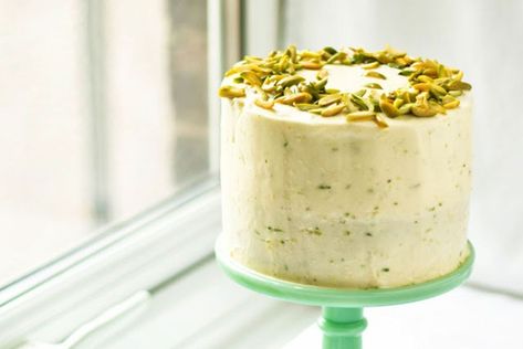 Zucchini and pistachio spice cake with lime frosting - Recipes - delicious.com.au Lime Frosting, Zucchini Cakes, Spiced Cake, Showstopper Cakes, Pistachio Cake, Zucchini Cake, Salty Cake, Delicious Clean Eating, Delicious Magazine